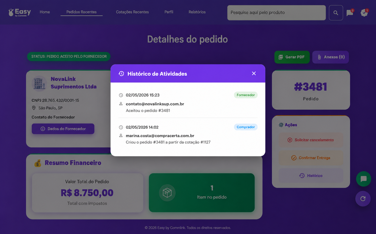 Histórico de Atividades por pedido
